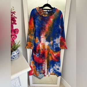 Colorful Tie-Dye Waffle Knit Maxi Long Sleeve Dress